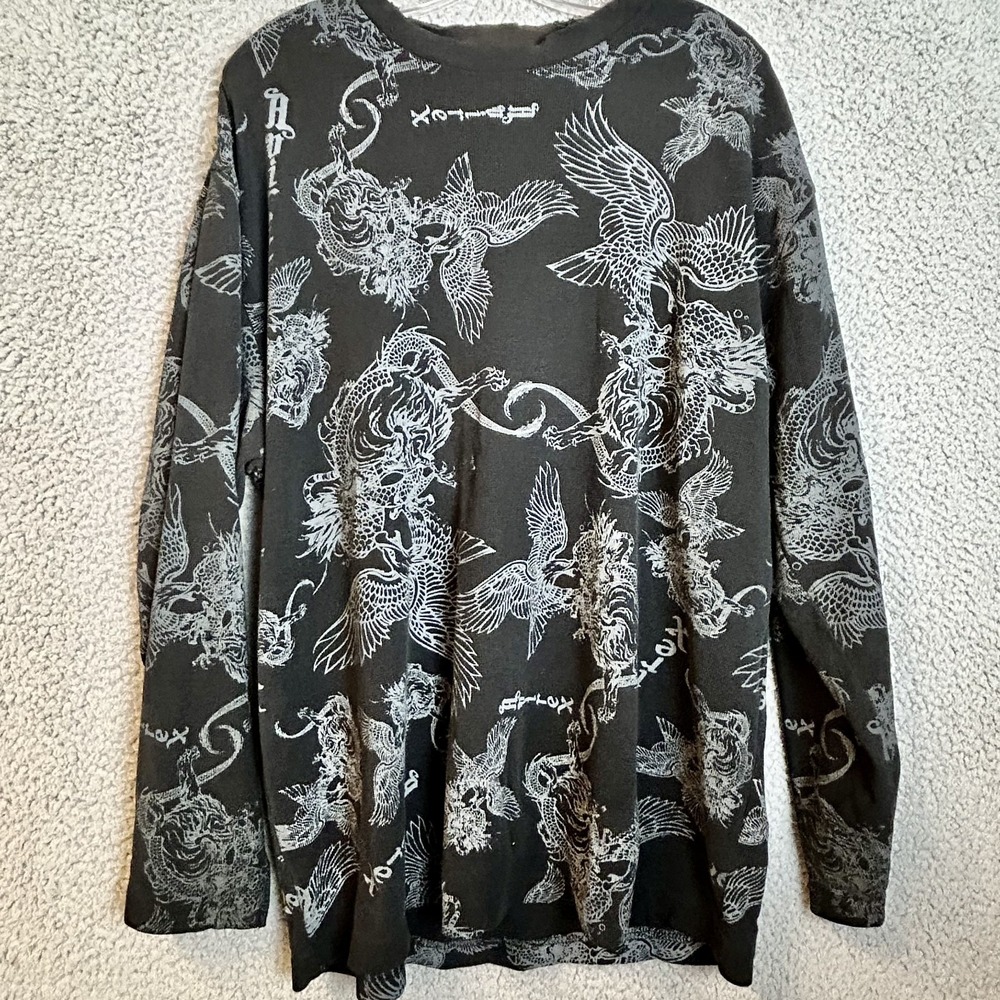 Avirex Black Dragon Japan Design Thermal Crewneck Long Sleeve Size XL Y2K  AOP